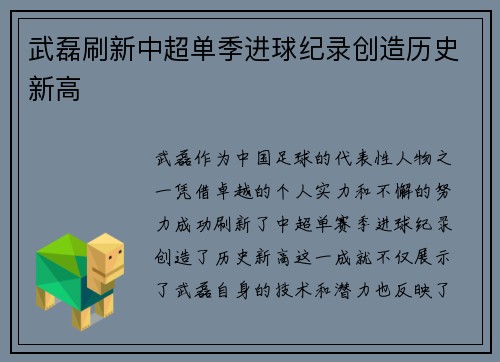 武磊刷新中超单季进球纪录创造历史新高