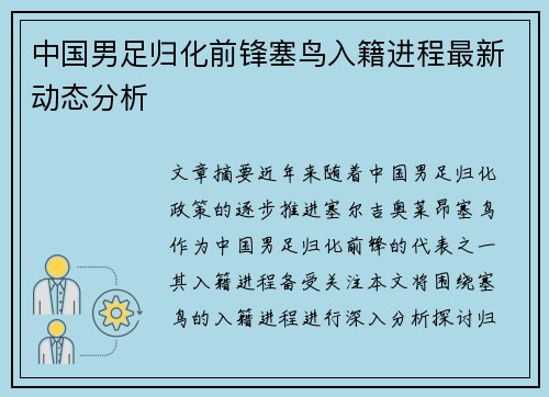 中国男足归化前锋塞鸟入籍进程最新动态分析